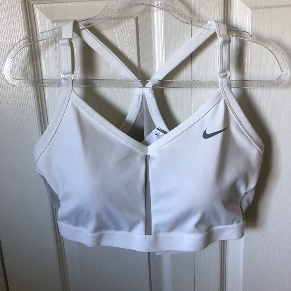 Nike Women's White Sports Bra with Black Swoosh